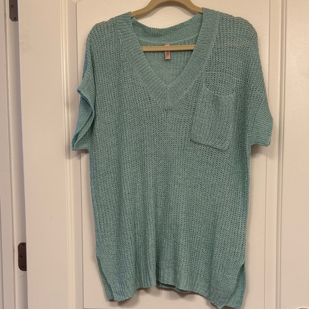Slouchy Turquoise Knit V-Neck short sleeve Sweater tunic, cute, comfy, casual